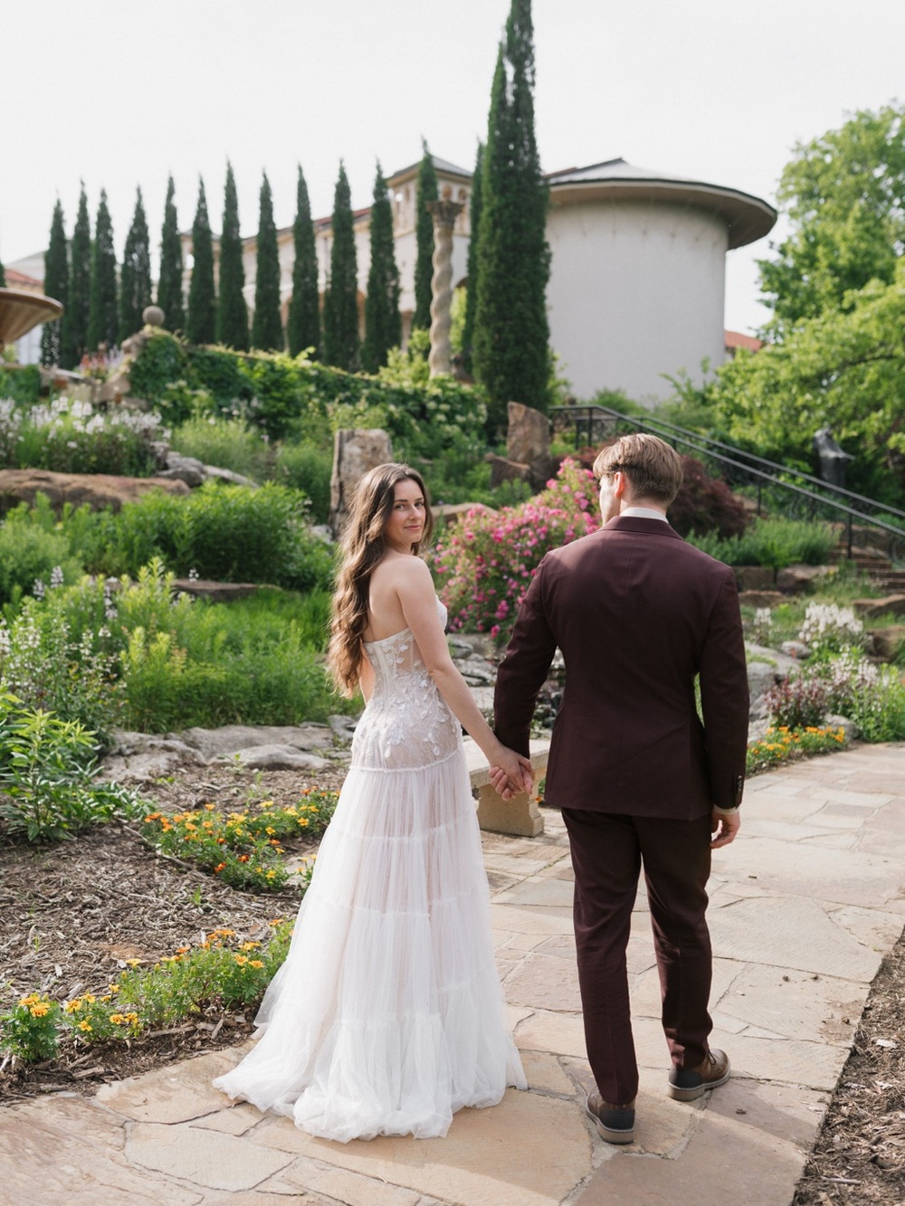 Eisen Stein Loren White Floral Appliqué Wedding Dress with Tulle Overlay